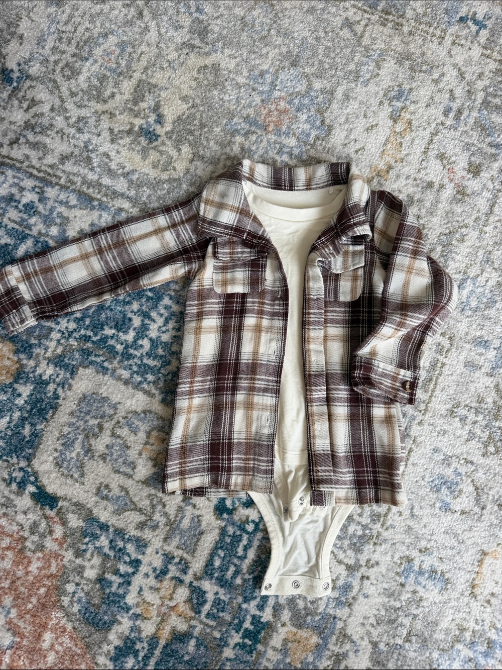 Black sheep baby Brown Plaid Button-Up Shirt Jacket with built in Cream Bodysuit
